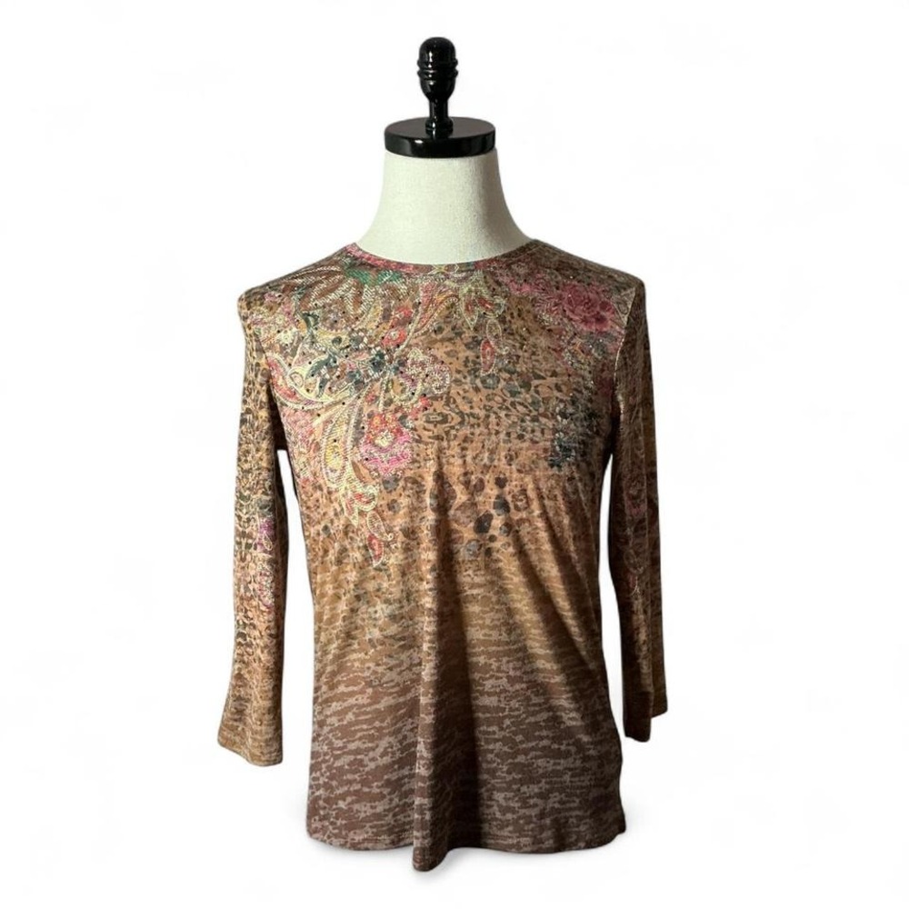 Y2K Reba Women's Brown Paisley Leopard Print Long Sleeve Top Size Medium Boho